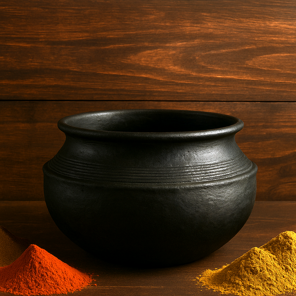 Clay Mall Kerala 3L Black Clay Pot - Earthen Handi/Kadai/Mitti Ka Matka for Cooking Curry and Churning Curd, Deep-Burned Clay (3 Liter, Black) - Uncoated.
