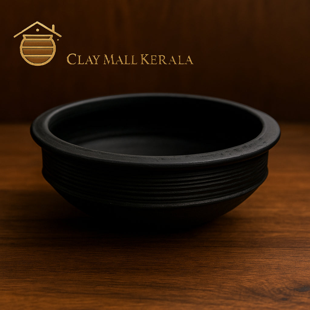 Clay Mall Kerala 2L Black Clay Cooking Pot – Deep Burned Earthenware Handi/Tawa for Traditional Indian Cooking, Mud Pot for Curry & Rice, Handmade Terracotta Cookware